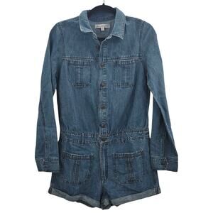 Abercrombie & Fitch Denim Romper Long Sleeves Jumpsuit Shorts Pockets Size 6